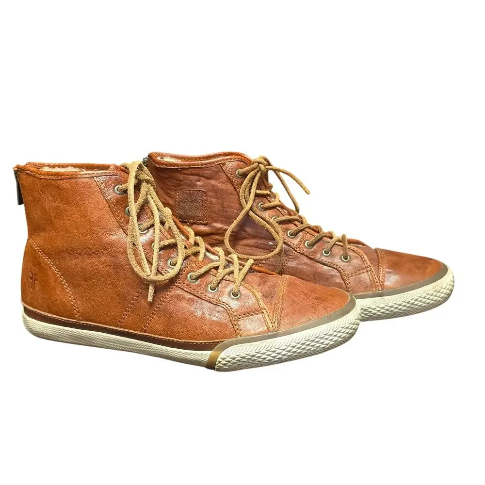 Frye Sheepskin Brown Leather High Top Zip Back Ankle Booties Sneakers Shoes